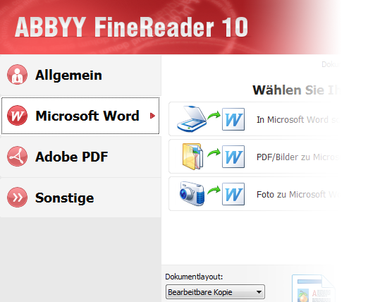 Screenshot Abbyy Fine Reader Benutzeroberfläche