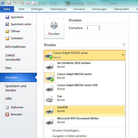Drucken mit FreePDF in Microsoft Word