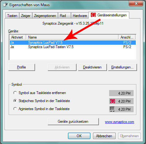 Touchpad Einstellung Synaptics