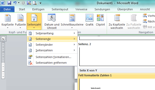 Bild: Seitenzahlen einfügen in Microsoft Word