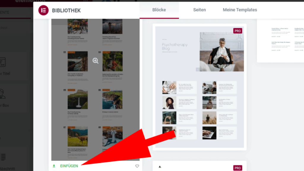 Elementor Vorlage einfuegen1