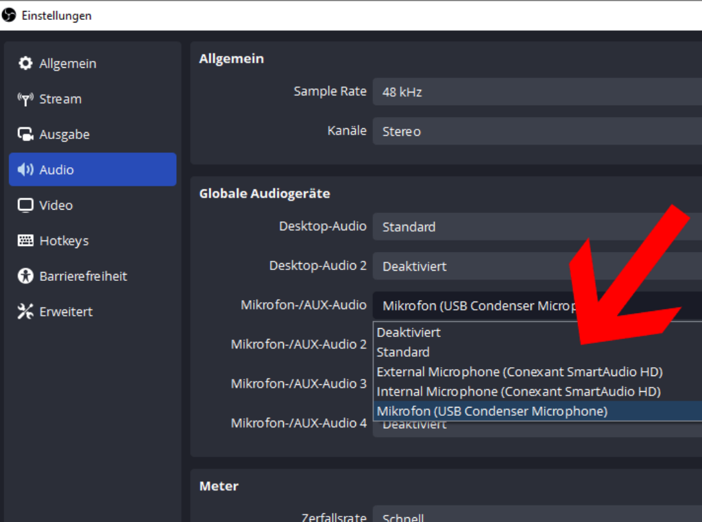 OBS Studio Mikrofon auswählen