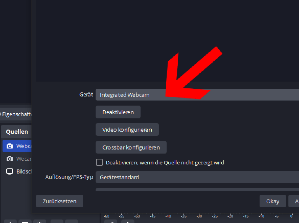 OBS Studio Webcam wählen