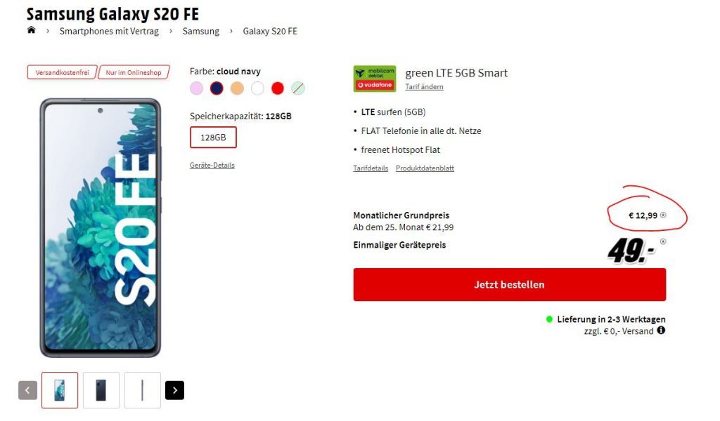 Samsung Galaxy S20 FE fuer 1299 E mit 5GB Vertrag. Deal Time 1024x600 1