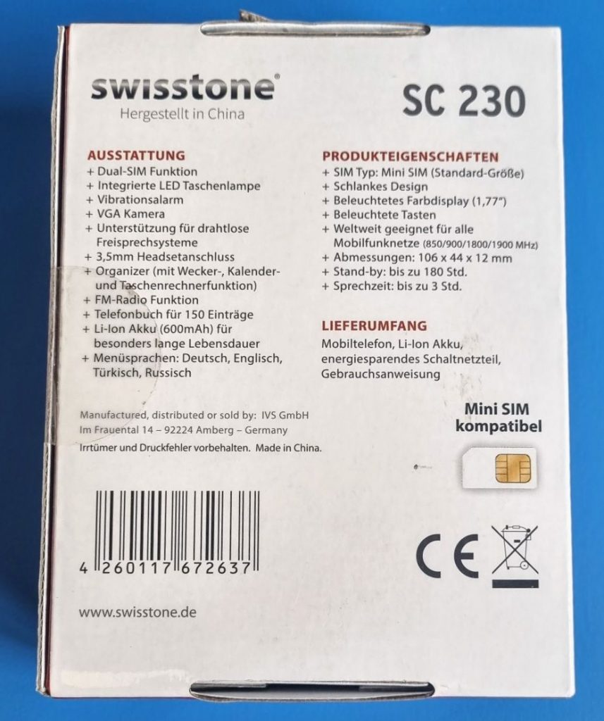 Swisstone SC 230 Verpackung Rueckseite
