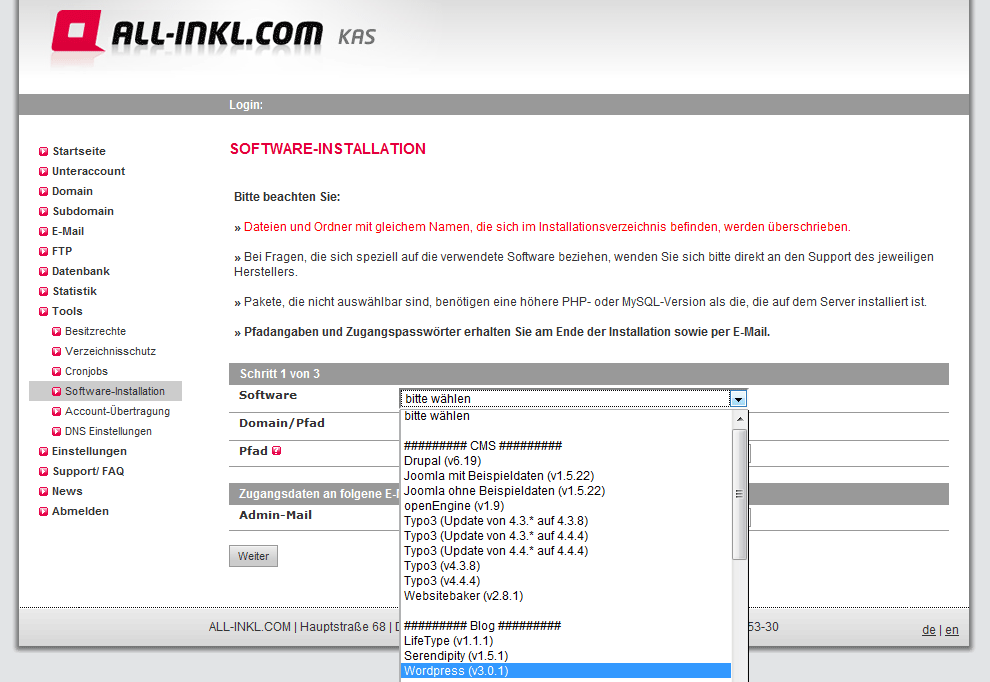 KAS-Oberfläche bei All-Inkl