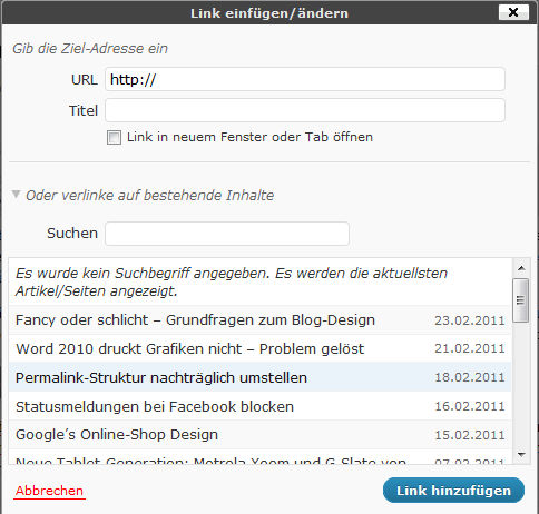 Interne Verlinkung WordPress 3.1 Interne Verlinkung WordPress 3.1