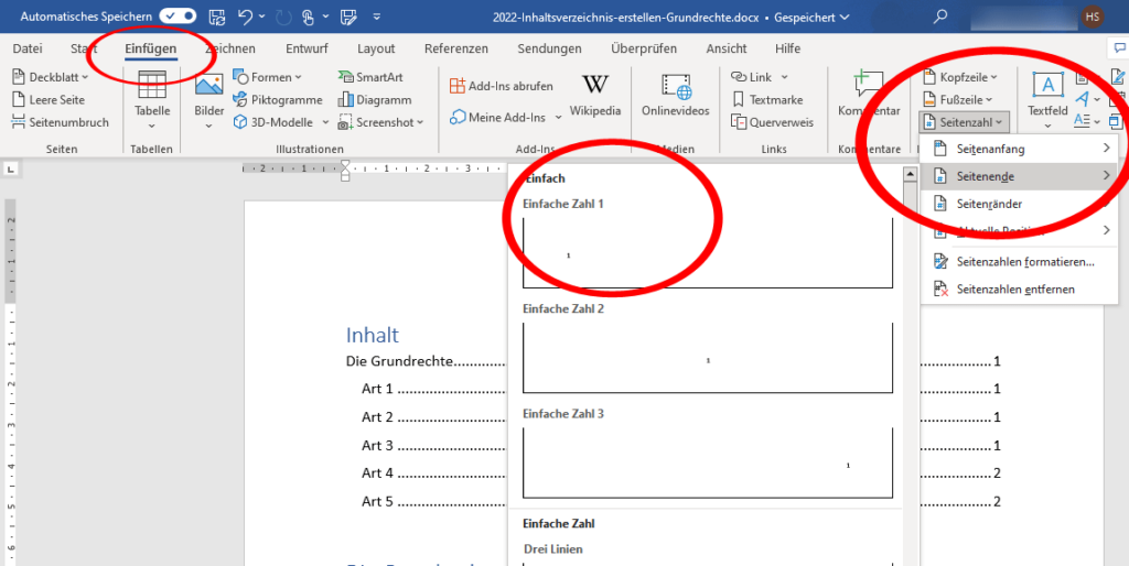 Seitenzahlen in Microsoft Word einfügen