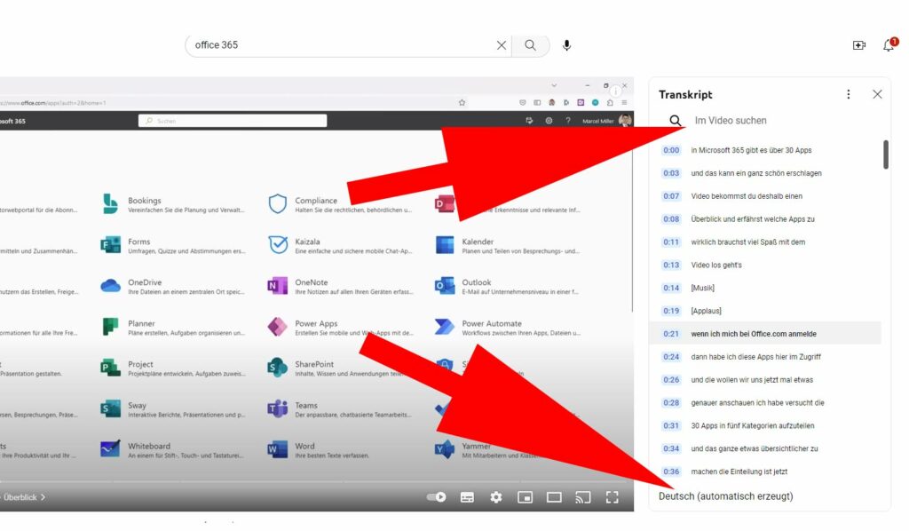 2 nützliche Funktionen: 1. Transkript durchsuchen. 2. Prüfen ob das Transkript automatisch oder manuell erstellt wurde