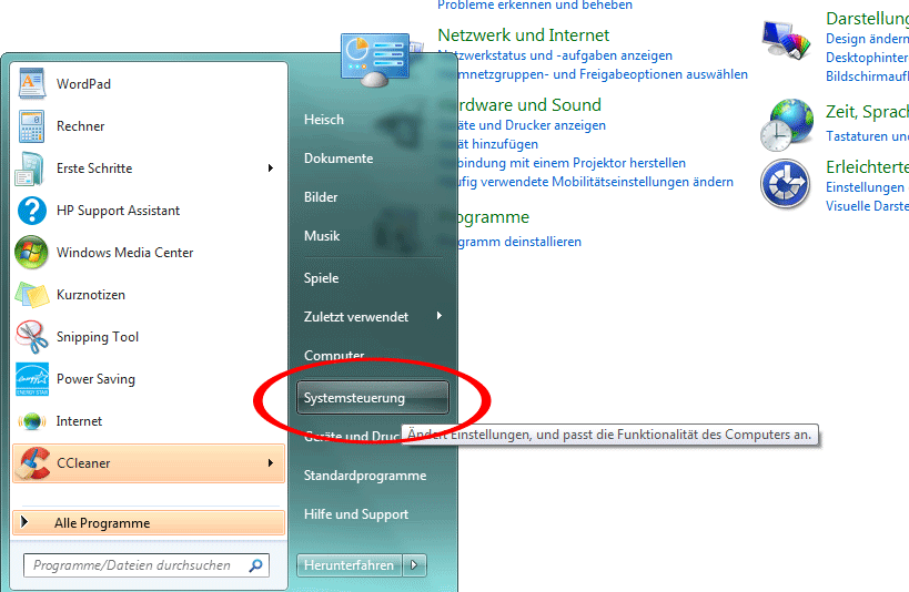 1. Windows7 Systemsteuerung aufrufen
