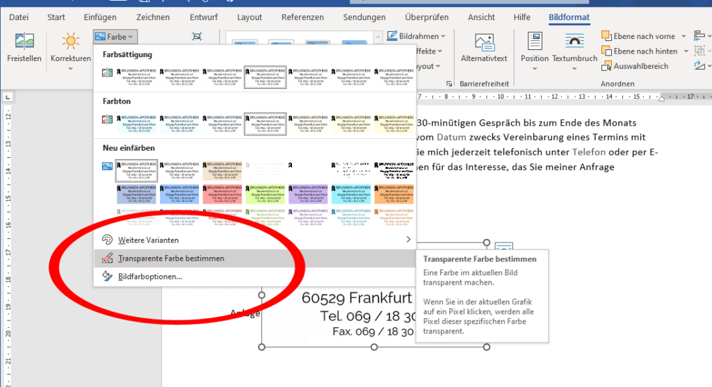 word transparente farbe bestimmen