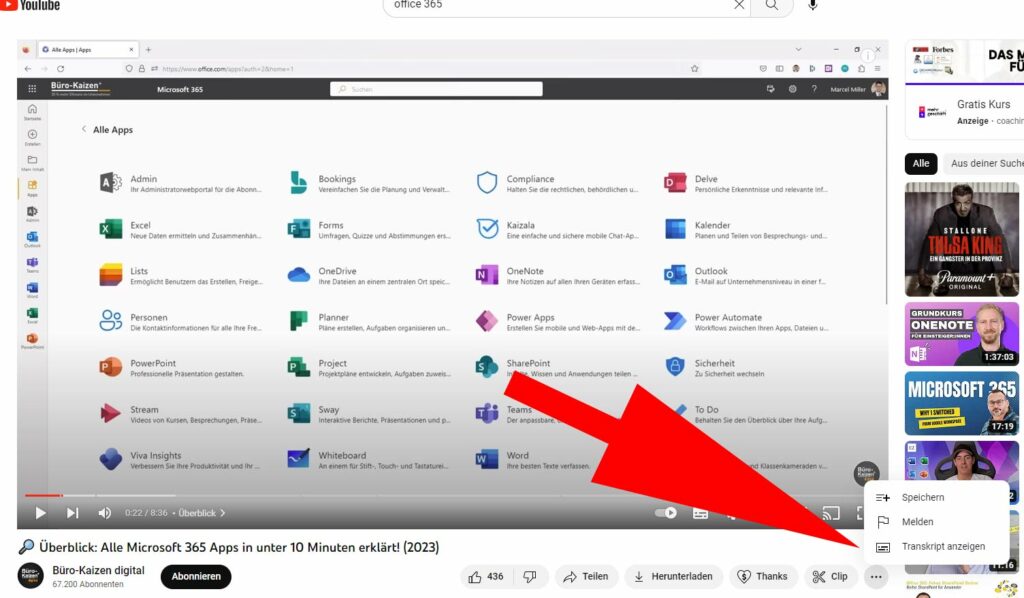 Drei Punkte unterhalb des Videos > Transkript anzeigen